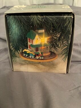 Enesco Green Roof House Ornament with Yellow Lights and Mini Train